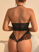 Lace Sheer Halterneck Crotchless Bodysuit
