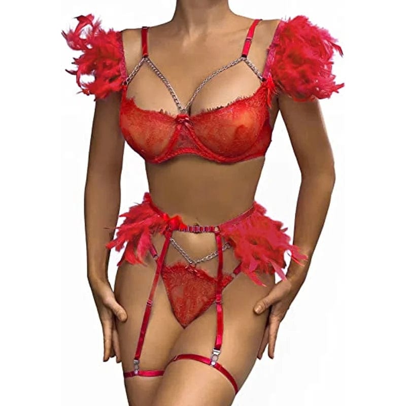 Hot Night Angel Feather Lace Ultra-thin Sexy Lingerie Suit - Lurevibe