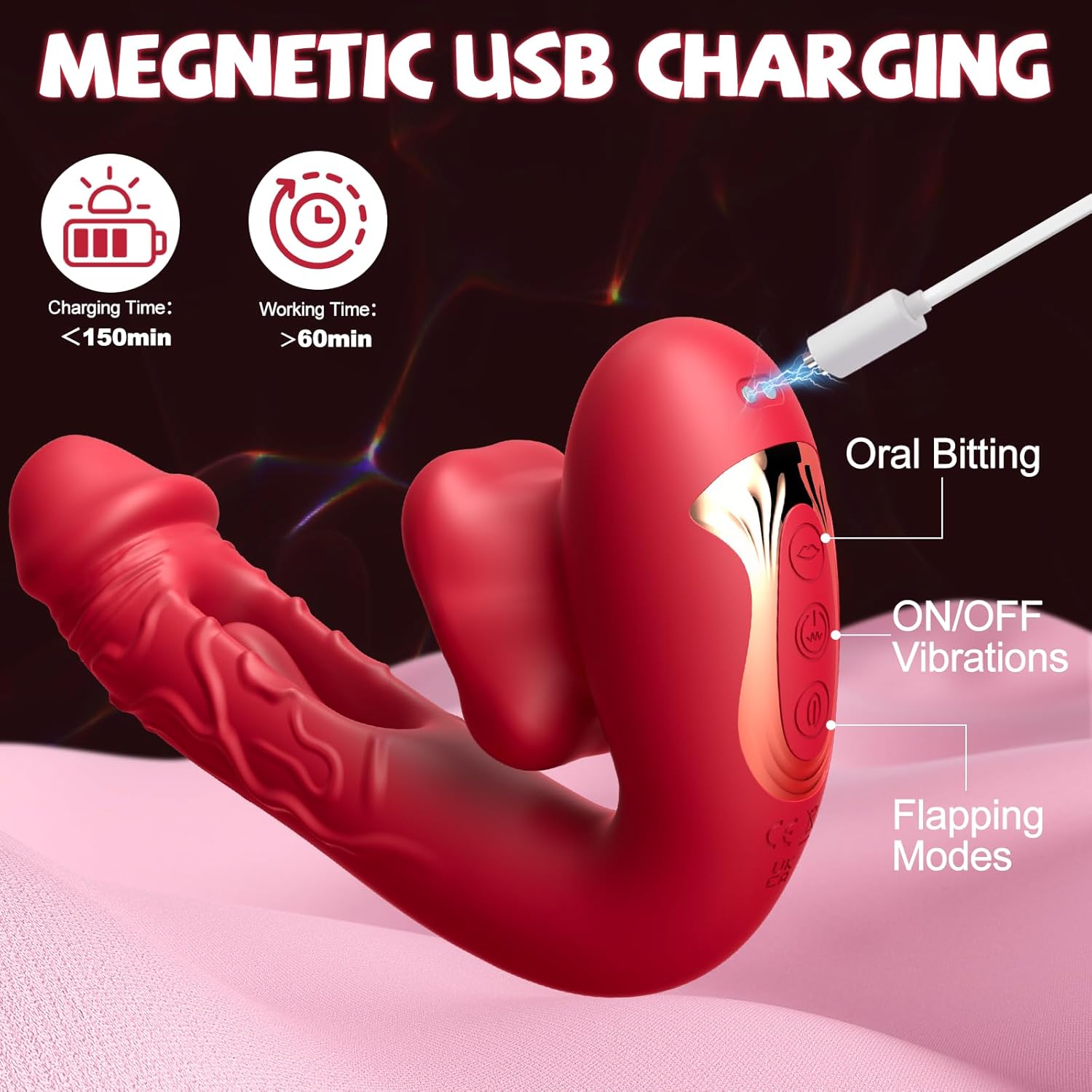 Rose Muncher 3-in-1 G Spot Vibrator Dildo with 10 Flapping & Vibrating & Licking Biting Modes - Lurevibe