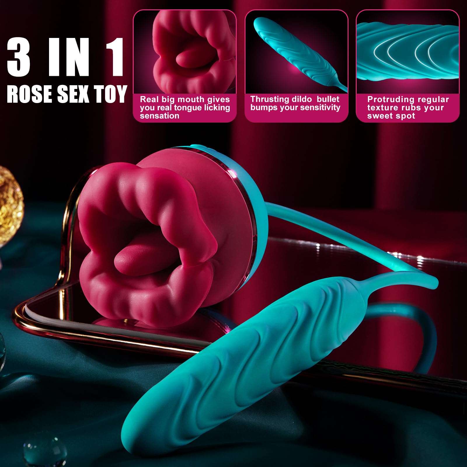 Lurevibe - Big Mouth 3in1 Rose shaped Vibrator With 9 Tongue Licking & 6 Thrusting G Spot Dildo - Lurevibe