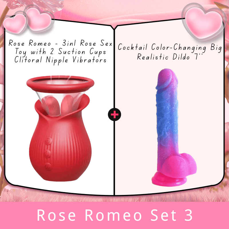 Lurevibe - Rose Romeo - 3in1 Rose Sex Toy with 2 Suction Cups Adult Toys Female Clitoral Nipple Vibrators with 10 Licking Sucking Vibrating - Lurevibe