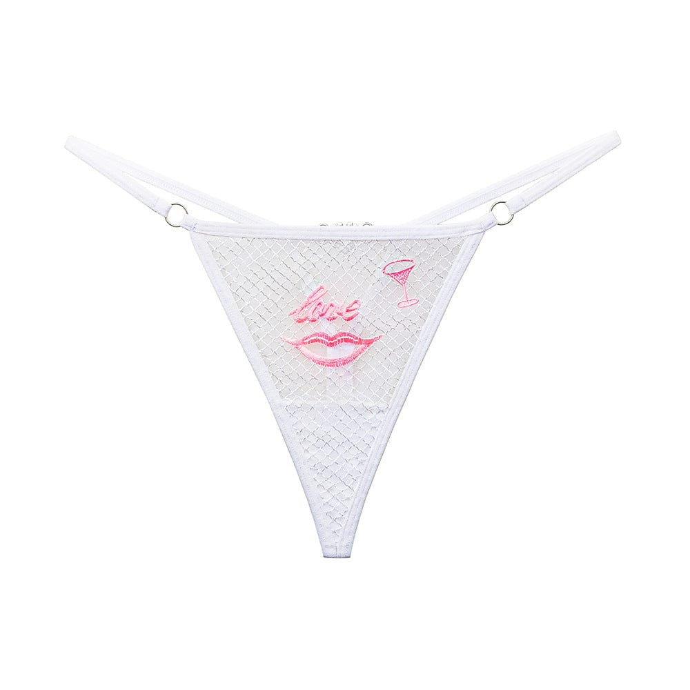 "Love" Red Lips Sexy Embroidery Mesh Women Thong with Diamonds - Lurevibe