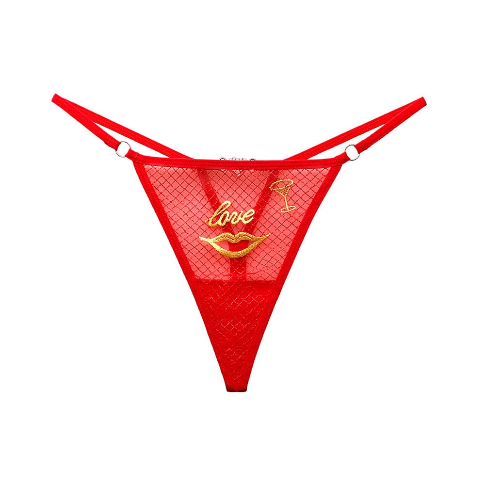 "Love" Red Lips Sexy Embroidery Mesh Women Thong with Diamonds - Lurevibe