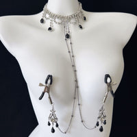 Exquisite Black Gem Diamond Choker with Nipple Clamps - Lurevibe