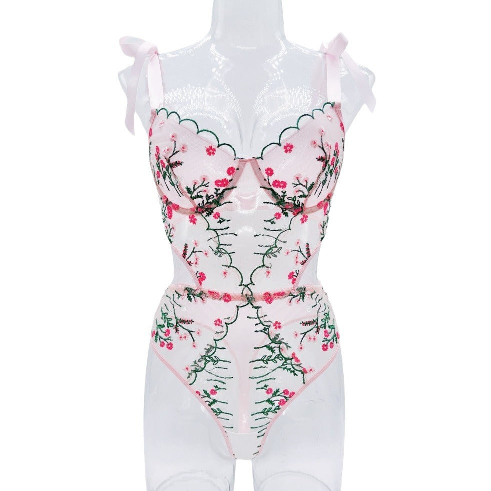 French Lingerie Embroidery See-through Mesh Sexy Female Erotic Set - Lurevibe