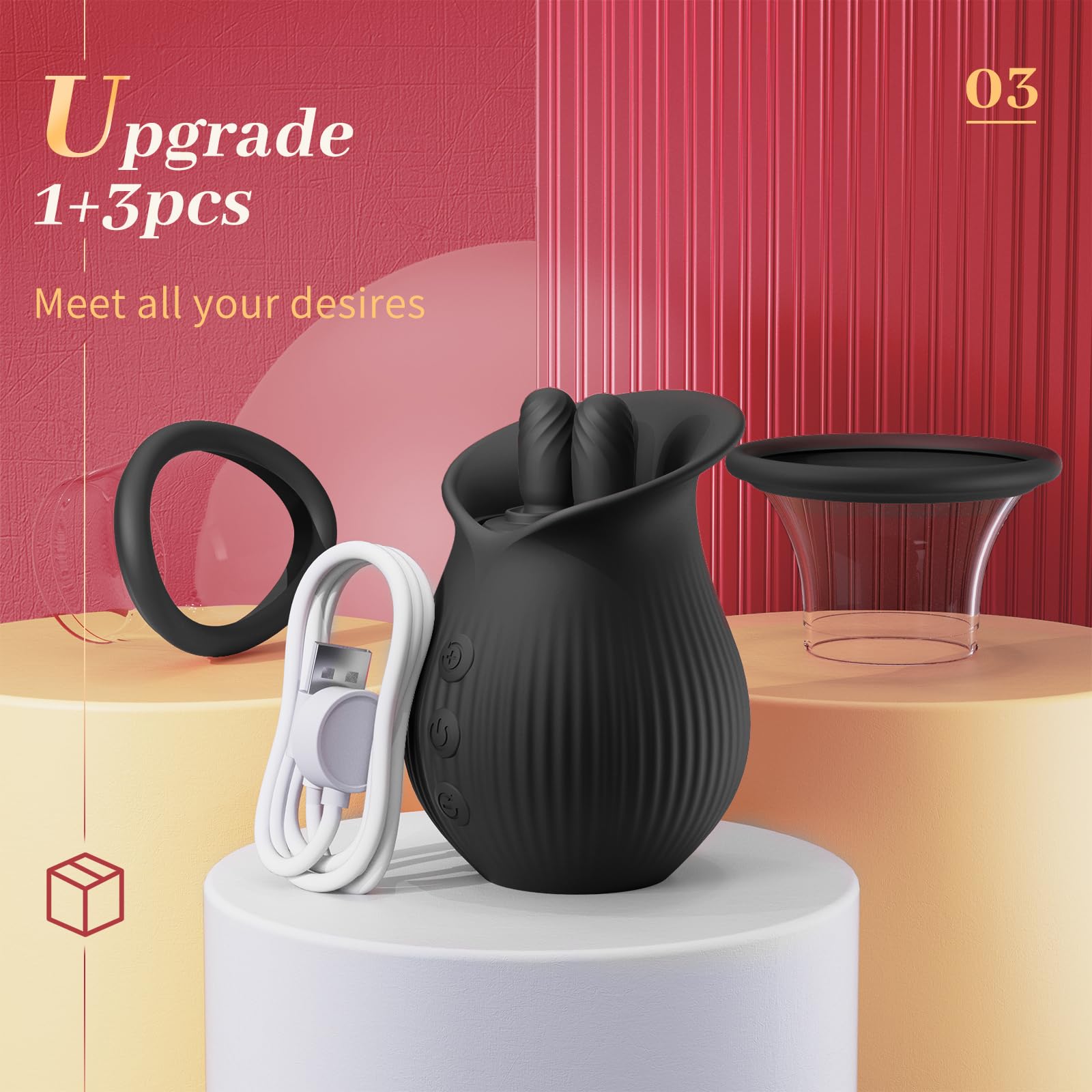 Lurevibe - Rose Romeo - 3in1 Rose Sex Toy with 2 Suction Cups, Adult Toys Female Clitoral Nipple Vibrators with 10 Licking Sucking Vibrating - Lurevibe