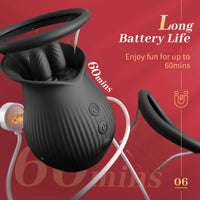 Lurevibe - Rose Romeo - 3in1 Rose Sex Toy with 2 Suction Cups, Adult Toys Female Clitoral Nipple Vibrators with 10 Licking Sucking Vibrating - Lurevibe