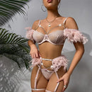 Hot Night Angel Feather Lace Ultra-thin Sexy Lingerie Suit - Lurevibe