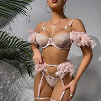 Hot Night Angel Feather Lace Ultra-thin Sexy Lingerie Suit - Lurevibe