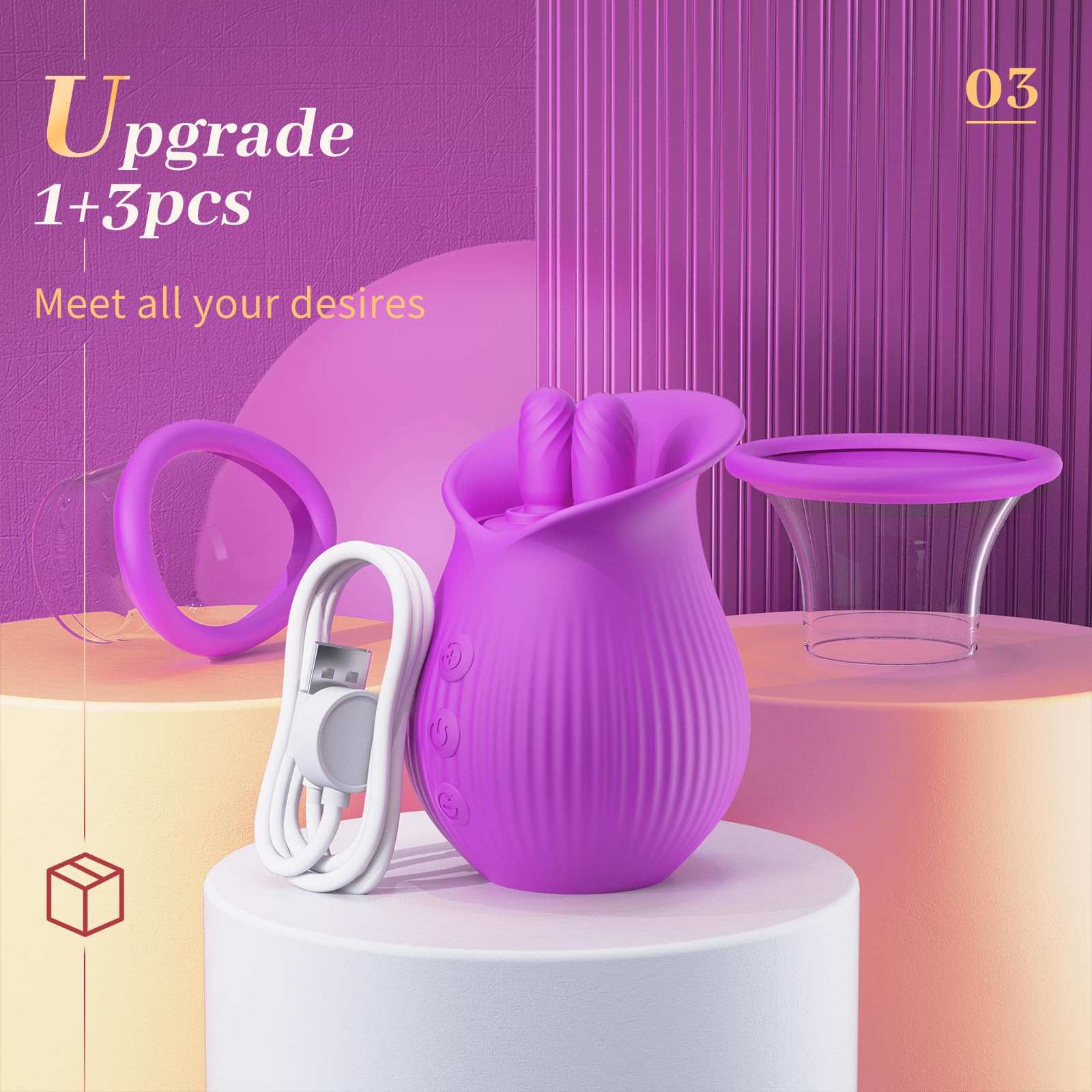Lurevibe - Rose Romeo - 3in1 Rose Sex Toy with 2 Suction Cups, Adult Toys Female Clitoral Nipple Vibrators with 10 Licking Sucking Vibrating - Lurevibe