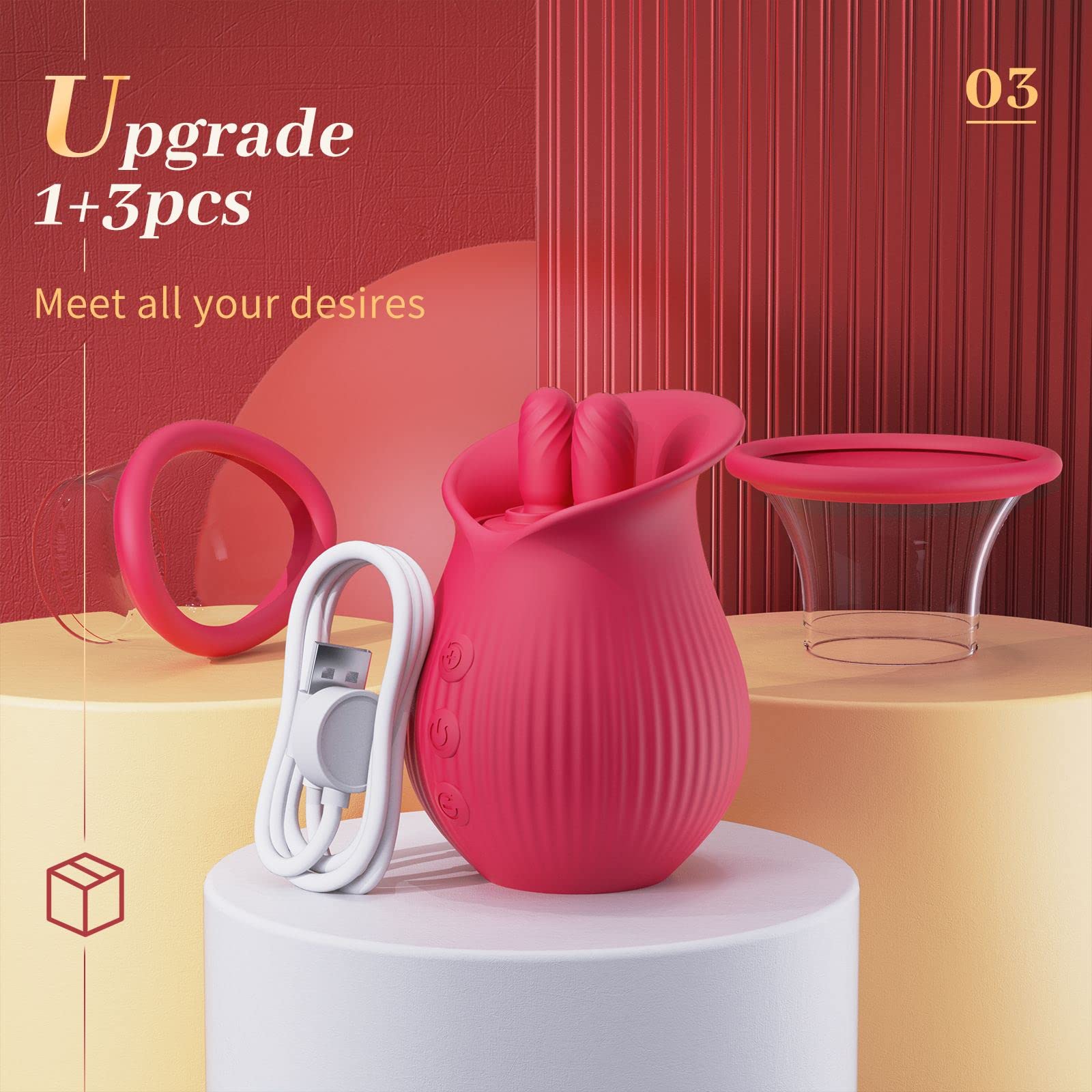 Lurevibe - Rose Romeo - 3in1 Rose Sex Toy with 2 Suction Cups, Adult Toys Female Clitoral Nipple Vibrators with 10 Licking Sucking Vibrating - Lurevibe