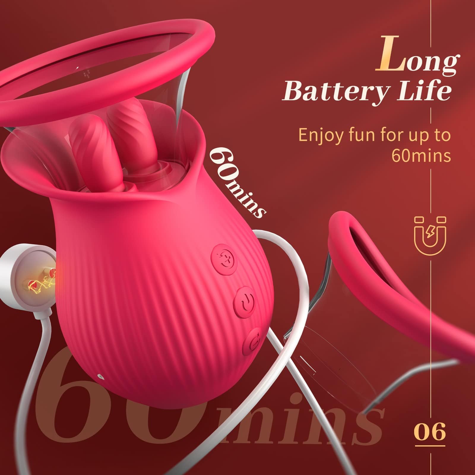 Lurevibe - Rose Romeo - 3in1 Rose Sex Toy with 2 Suction Cups, Adult Toys Female Clitoral Nipple Vibrators with 10 Licking Sucking Vibrating - Lurevibe