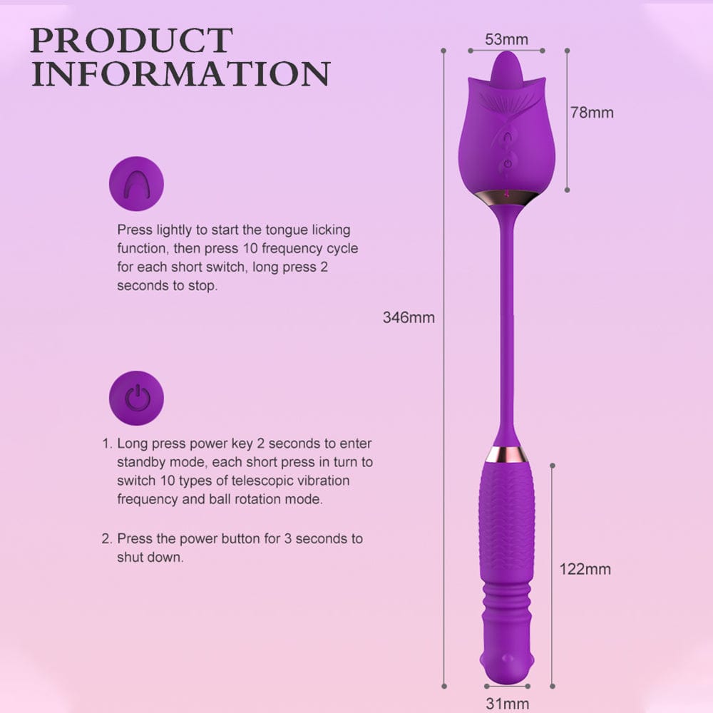 Lurevibe - Purple Rose Toy Rotating Pearls Telescopic Tongue-licking Vibrator - Lurevibe