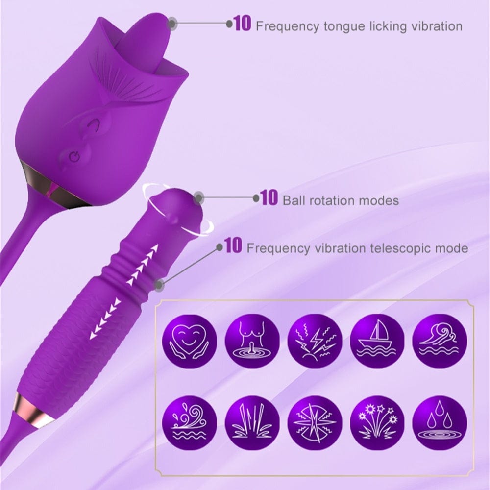 Lurevibe - Purple Rose Toy Rotating Pearls Telescopic Tongue-licking Vibrator - Lurevibe