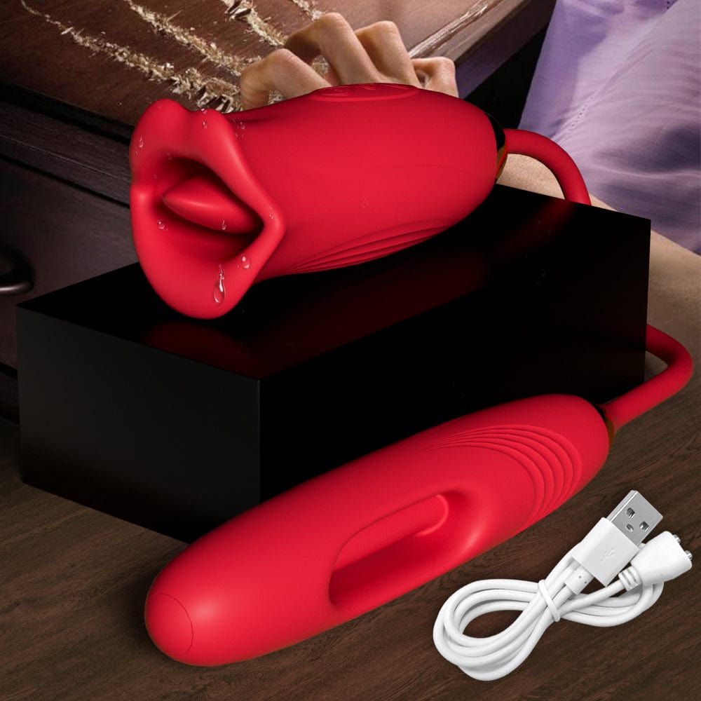 Lurevibe - Rose Muncher Lip Tongue Suction Vibrator With Patting Dildo Vibrator - Lurevibe