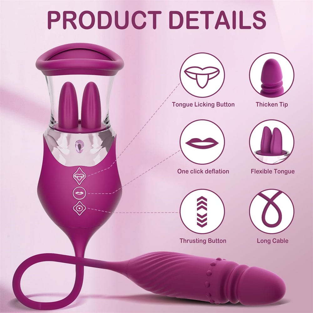 Lurevibe - Rose Sex Toy 4 In1 Tongue Licking Thrusting G Spot Vibrator Clitoral Nipple Sucker Pump Stimulator - Lurevibe